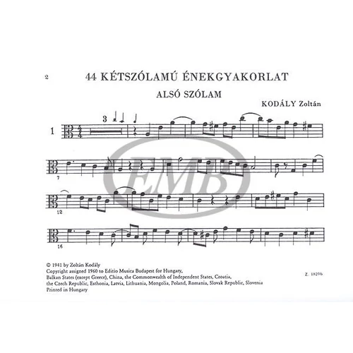 Kodály Zoltán: 44 kétszólamú énekgyakorlat – kotta – alsó szólam