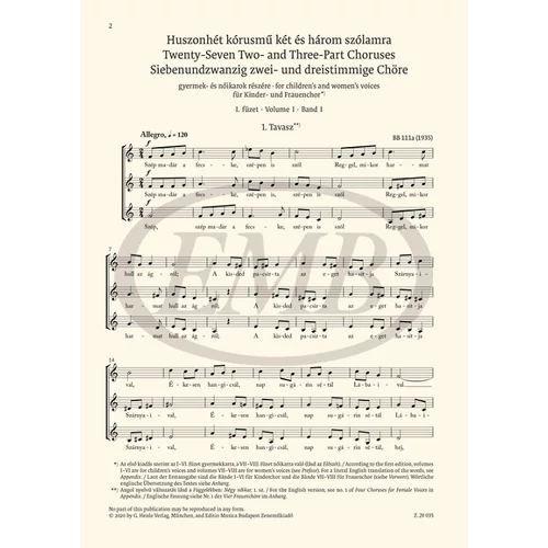 Bartók Béla: Gyermek- és nőikarok - kotta
