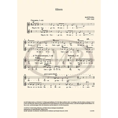 Bartók Béla: Kánon – kotta