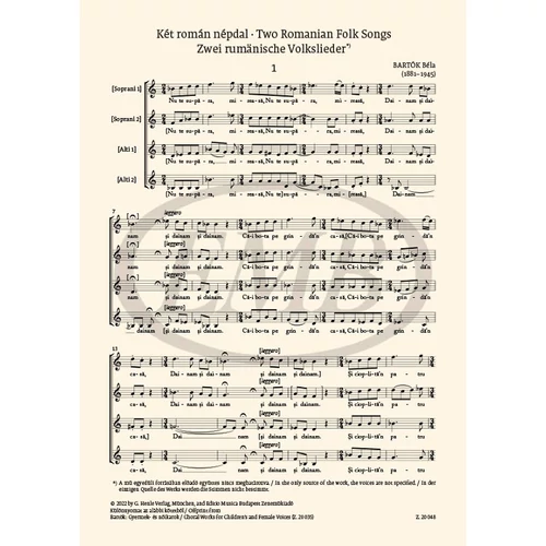 Bartók Béla: Két román népdal – kotta