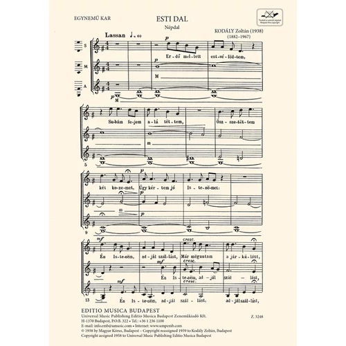 Kodály Zoltán: Esti dal – kotta