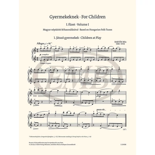 Bartók Béla: Gyermekeknek II. – kotta