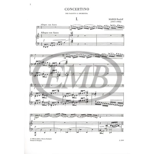 Maros Rudolf: Concertino fagottra és zongorára – kotta
