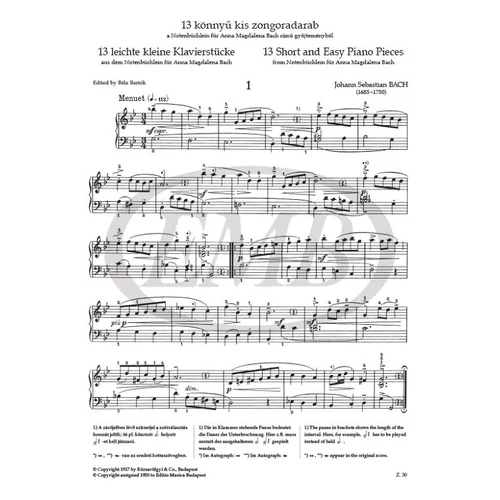 Bach, Johann Sebastian 13 könnyű kis zongoradarab – kotta